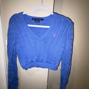 Ralph Lauren V-Neck Blue Sweater with Pink Logo